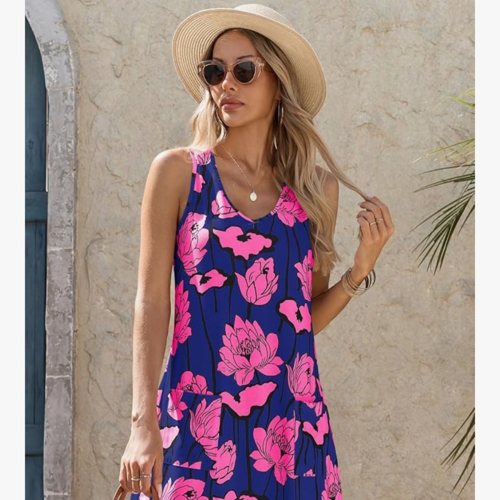 NWT Size Small
Wenrine Womens Summer Dress Floral Loose Beach Tank with Pockets